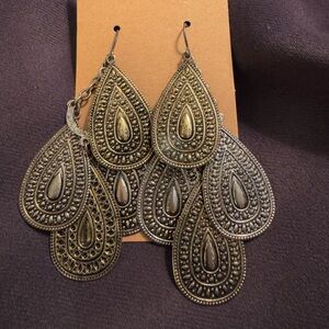 Boho 3 inch Metal Chandelier Earrings Multi Color Layered Teardrops Gold Bronze